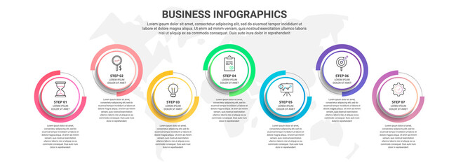 Vector flat infographic template with seven circles, elements, sectors. Modern designed for business, presentations, timeline, web design, banner, levels, chart, interface 7 step diagrams