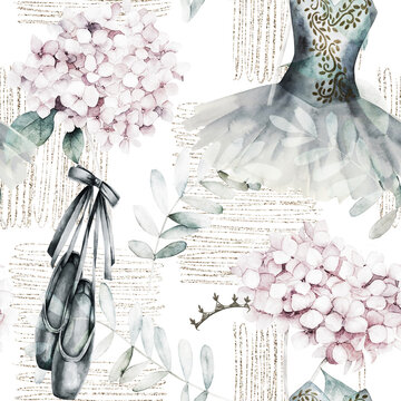 Vintage watercolor seamless pattern with ballet tutu, pointe shoes, diadem, hortensia and golden elements. Hand drawn illustration on white background