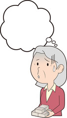 お金を抱えて青ざめるシニア女性