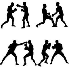 Black set silhouette of an athlete boxer on a white background