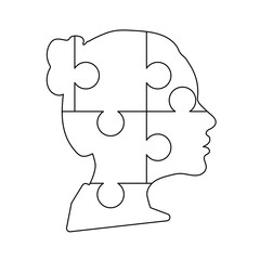 Black detailed woman face profile made up by six puzzles pieces on white