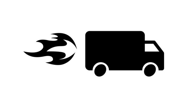 4k loop motion animation isolated on white background with truck and fire combination on fast dilevery.