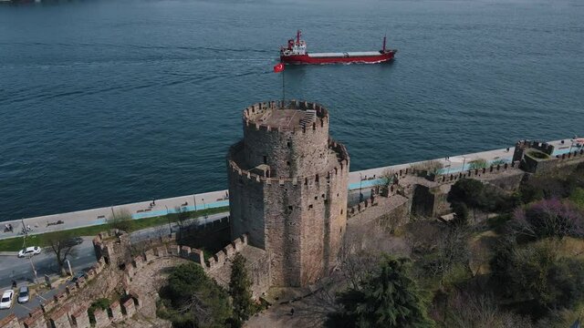 Rumeli Hisari Fortress in Istanbul. April 27 - 2021. View from the drone Full HD format. In sunny weather with a view of the Bosphorus. Rumelihisari also known as Bogazkesen Castle. Part2