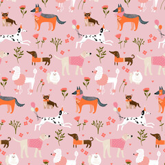 Children's seamless pattern with hand drawn dogs. Trendy scandinavian vector background.