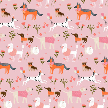 Children's seamless pattern with hand drawn dogs. Trendy scandinavian vector background.