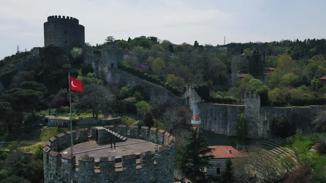 Rumeli Hisari Fortress in Istanbul. April 27 - 2021. View from the drone Full HD format. In sunny weather with a view of the Bosphorus. Rumelihisari also known as Bogazkesen Castle and Roumeli Hissar 