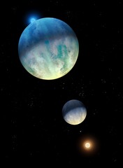 exoplanets in space, planets from alien star system, planetary system, cosmic landscape, beautiful abstract background 3d illustration.