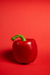 Juicy bell peppers on a bright red background. Fresh vegetables on a branch. Kitchen. background for restaurant.