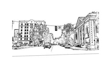 Building view with landmark of Eugene is a city in Oregon. Hand drawn sketch illustration in vector.