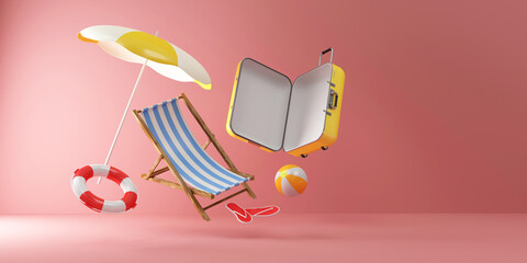 Summer Concept. Suitcase with Different Accessories for Vacation Levitation on pink studio background - 432531881