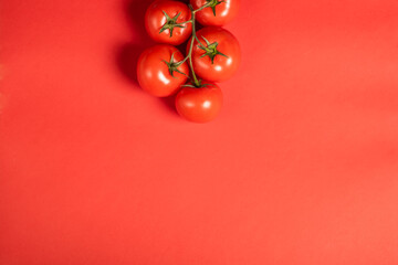 Juicy tomatoes on a bright red background. Fresh vegetables on a branch. Kitchen. background for restaurant.