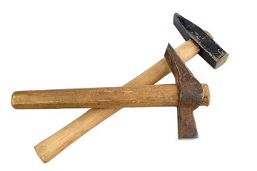 An old hammer on a white background.