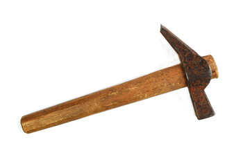 An old hammer on a white background.