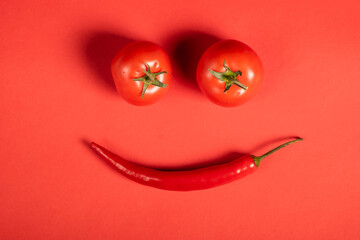 Juicy red vegetables tomatoes and chili peppers on a bright red background. Kitchen. background for restaurant. tomato sprig.