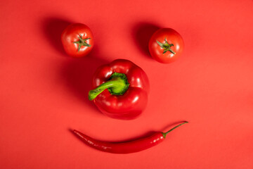 Juicy red vegetables tomatoes and chili peppers and bell peppers on a bright red background. Kitchen. background for restaurant. tomato sprig.