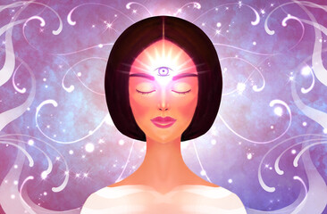 Spiritual awakening. Meditation, Buddhism, intuition opening. Third Spiritual Eye. Woman on the background of space - 432532665
