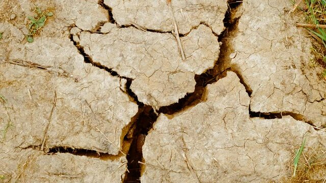 Close-up view of the surface of a grungy dry cracking parched soil, showing the signs of a prolonged drought and climate change