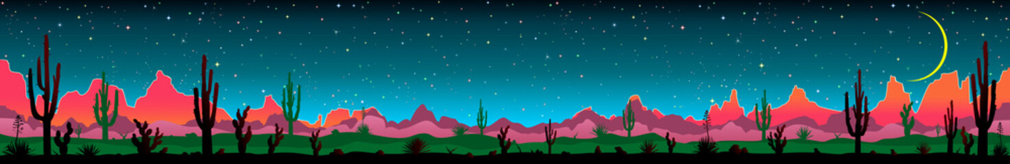 Mexican desert night starry sky panorama. Landscape with various cacti against the backdrop of mountains and the night starry sky