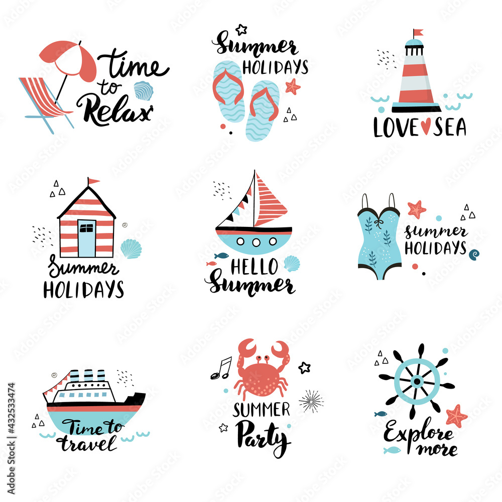 Wall mural summer badge set with holiday elements and summertime quotes – beach umbrella, house, flip flops, sw