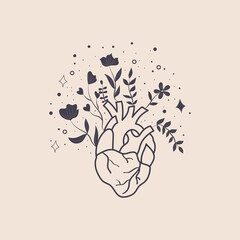 Mystic heart and flowers in a trendy boho style. Vector Silhouette Anatomical heart, floral, stars icons. Vector illustration thin pictogram of human internal organ