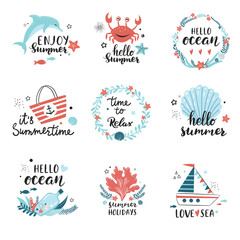 Summer holidays badge set with beach elements and calligraphy quotes – seashell, marine wreath, seaweed, dolphin