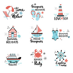 Obraz na płótnie Canvas Summer badge set with holiday elements and summertime quotes – beach umbrella, house, flip flops, swimsuit, and other