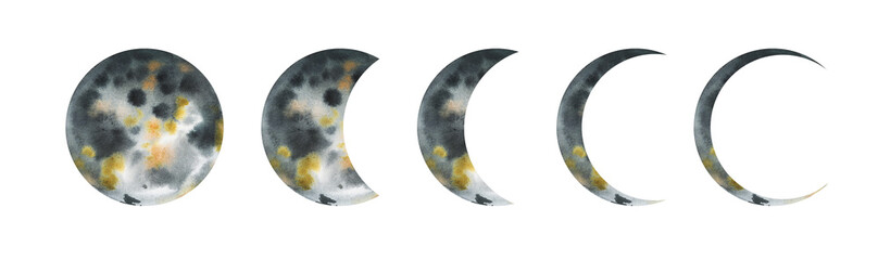 Moon hand drawn midnight phases hand drawn in watercolor. Ideal set for print, poster, wall decor. Mystical astrology set silhouette. 