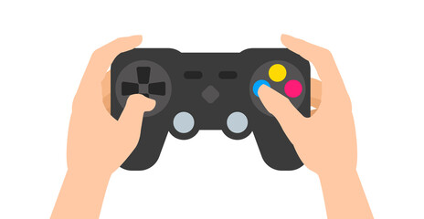 player hand holding video game  console wireless controller joystick vector illustration