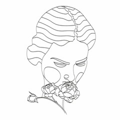 Abstract face with flowers, line drawing. Portrait minimalistic style. Botanical print. Nature symbol of cosmetics. Modern continuous line art. Fashion print. Beaty salon art
