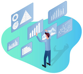 Business analytics.Exchange work and financial control.Businessman on the background of infographics.3d image.Isometric vector illustration.