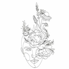 Abstract face with flowers, line drawing. Portrait minimalistic style. Botanical print. Nature symbol of cosmetics. Modern continuous line art. Fashion print. Beaty salon art