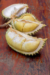Peeled durian On a brown wood table