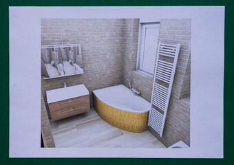 Planung eines Badezimmers mit einer Eckbadewanne, die mit Mosaik verkleidet ist. Die Wände sind mit Klinker beleg. 