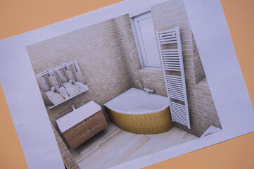 Planung eines Badezimmers mit einer Eckbadewanne, die mit Mosaik verkleidet ist. Die Wände sind...