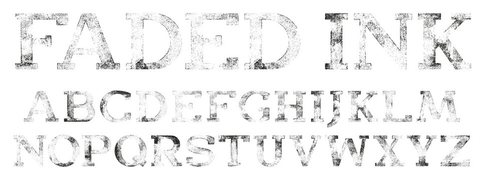 Faded ink stamped font. Slab Serif Display Font, works well at large sizes. Highly detailed hand textured characters with a faded, rolled ink print texture. Compound path and paths optimised.