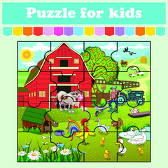 Puzzle game for kids. house cow pig birds and sheep. Education worksheet. Color activity page. Riddle for preschool. Isolated vector illustration. Cartoon style.