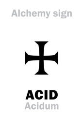 Alchemy Alphabet: ACID (Acidum), Acidic substance, corrosive sour-tasting liquid, neutralizes alkalis, dissolves some metals. Oxidant, oxidizer, oxidiser — formed hydronium/hydroxonium ions [H₃O⁺].
