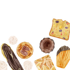 西洋焼き菓子の手描き水彩風フレームイラスト