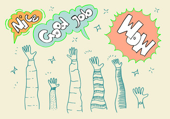 Applause hand draw on white background with wow,nice,good job text.vector illustration.