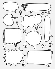 Hand drawn set of speech bubbles isolated on white background.