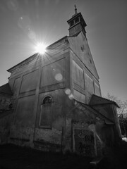 Orthodox church and sun light in Bratislava low angle view in black and white, Slovakia