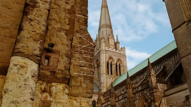 Establishing shot of Chichester Cathedral, in West Sussex, England, founded in 1075 featuring both Norman and Gothic architecture