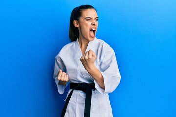 Beautiful brunette young woman wearing karate fighter uniform with black belt doing attack pose...