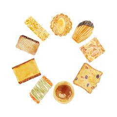 世界の焼き菓子色々セット手描き水彩風イラスト
