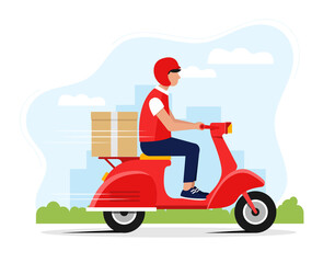 Fototapeta na wymiar Express delivery. Male courier riding red retro scooter with delivery paper box. City background. Flat style vector illustration. Delivery service, online order or food delivery. 