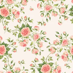   Seamless floral pattern drawn by paints on paper blooming branches of roses © Irina Chekmareva