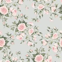  Seamless floral pattern drawn by paints on paper blooming branches of roses