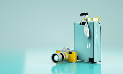 blue suitcase with face mask and travel accessories on blue background. 3d rendering
