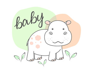 White little hippo, baby lettering and leaves isolated on a white background. Cute hippopotamus, behemoth. Vector illustration, design template for poster, greeting card, banner, kids t-shirt, apparel