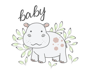 Little hippo, twigs with leaves and baby hand lettering isolated on a white. Cute hippopotamus, tiny behemoth. Vector illustration, design template for poster, greeting card, kids t-shirt and apparel